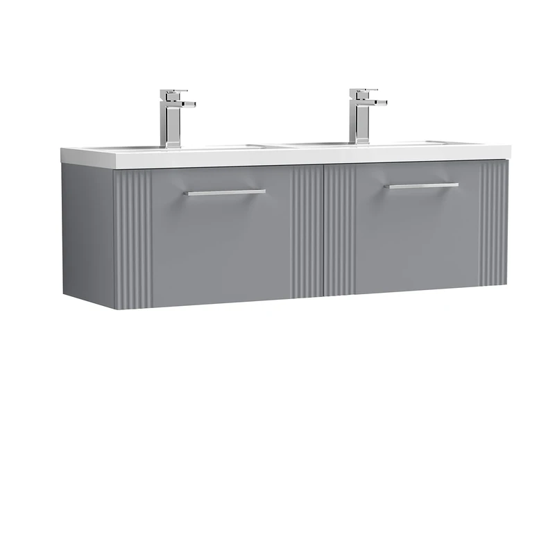 nuie DPF294C Deco Modern Bathroom Wall Hung 2 Drawer Part Fluted Vanity Unit with Twin Polymarble Basin, Satin Grey