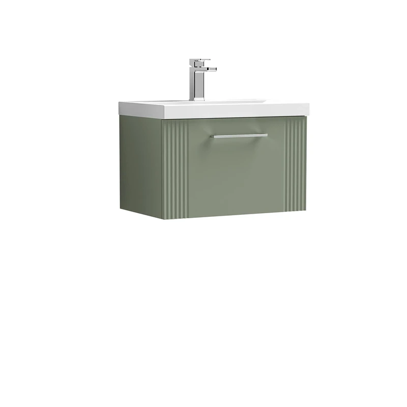 nuie Modern Bathroom Wall Hung 1 Drawer Part Fluted Vanity Unit with Thin-Edge Ceramic Basin, Satin Green, 600mm