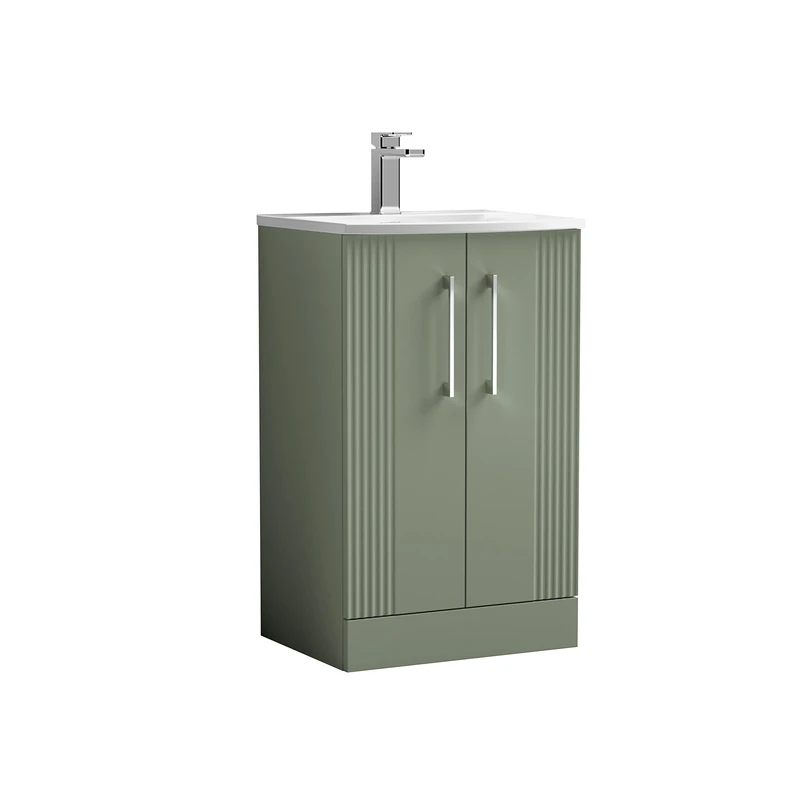 nuie Modern Bathroom Floor Standing 2 Door Part Fluted Vanity Unit with Curved Ceramic Basin, Satin Green, 500MM