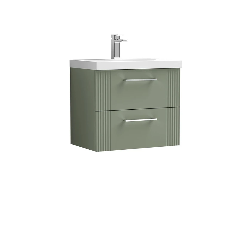 nuie DPF893D Deco Modern Bathroom Wall Hung 2 Drawer Part Fluted Vanity Basin Unit with Thin-Edge Ceramic Basin, 600mm, Satin Green