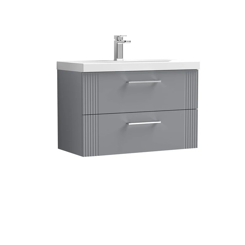 nuie DPF295D Deco Modern Bathroom Wall Hung 2 Drawer Part Fluted Vanity Unit with Thin-Edge Ceramic Basin, Satin Grey