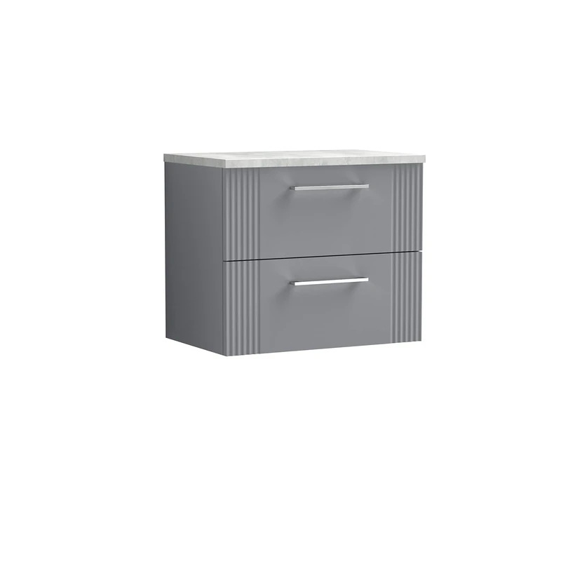 nuie DPF293LBG Deco Modern Bathroom Wall Hung 2 Drawer Part Fluted Vanity Basin Unit with Laminate Bellato Grey Worktop, 600mm, Satin Grey