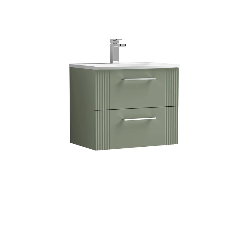 nuie DPF893G Deco Modern Bathroom Wall Hung 2 Drawer Part Fluted Vanity Unit with Curved Ceramic Basin, Satin Green