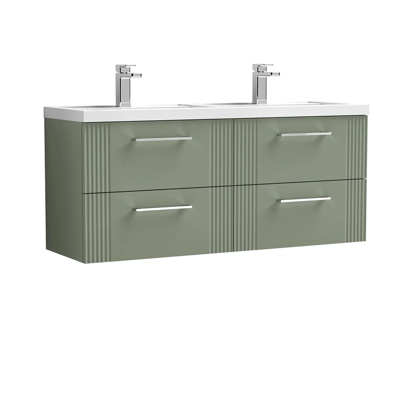 nuie DPF893C Deco Modern Bathroom Wall Hung 4 Drawer Part Fluted Vanity Unit with Twin Polymarble Basin, Satin Green