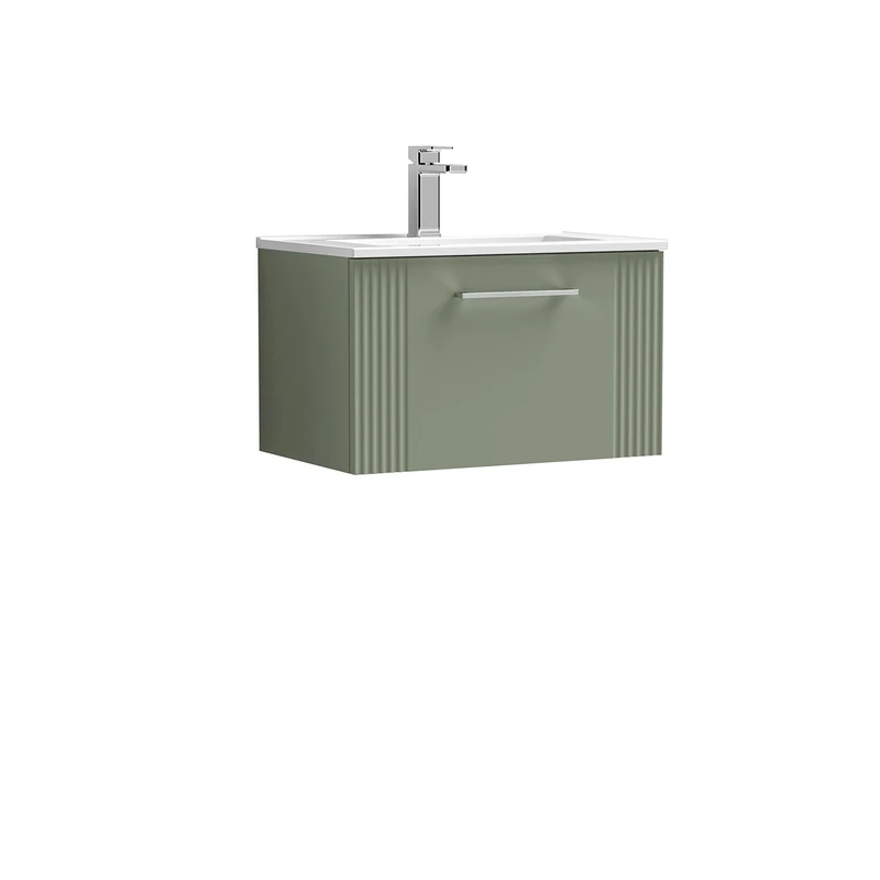 nuie DPF894B Deco Modern Bathroom Wall Hung 1 Drawer Part Fluted Vanity Unit with Minimalist Ceramic Basin, Satin Green