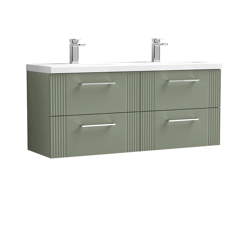 nuie DPF893F Deco Modern Bathroom Wall Hung 4 Drawer Part Fluted Vanity Basin Unit with Twin Ceramic Basin, 1200mm, Satin Green