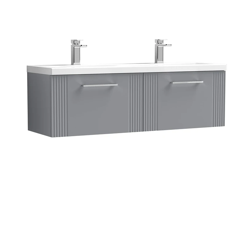 nuie Modern Bathroom Wall Hung 2 Drawer Part Fluted Vanity Unit with Twin Ceramic Basin, Satin Grey, 1200mm