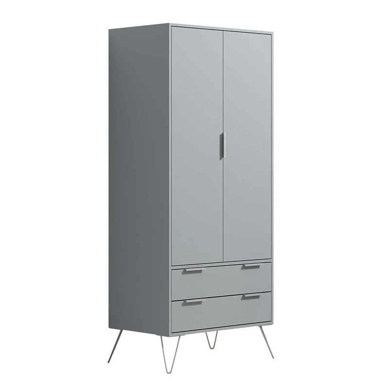 FWStyle Modern Bedroom 2 Door Wardrobe 2 Drawer in Matt Grey. Silver Metal Hairpin Legs, 76.50 x 53.00 x 186.00_cm, ENK2DCGRY