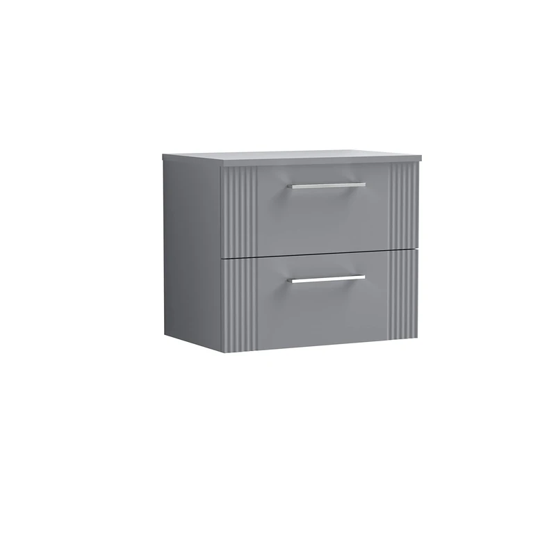nuie Modern Bathroom Wall Hung 2 Drawer Part Fluted Vanity Basin Unit with Worktop, Satin Grey, 600mm