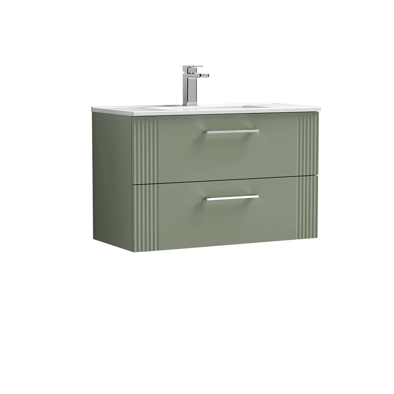 nuie DPF895B Deco Modern Bathroom Wall Hung 2 Drawer Part Fluted Vanity Basin Unit with Minimalist Ceramic Basin, 800mm, Satin Green