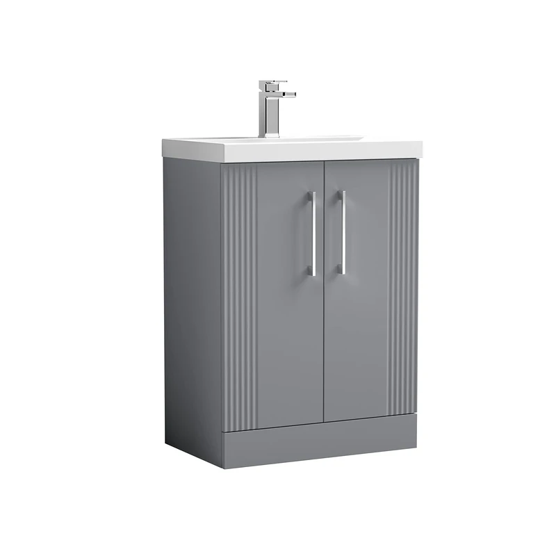 nuie DPF225A Deco Modern Bathroom Floor Standing 2 Door Part Fluted Vanity Unit with Mid-Edge Ceramic Basin, Satin Grey
