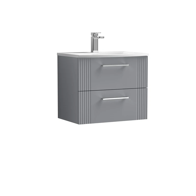 nuie DPF293G Deco Modern Bathroom Wall Hung 2 Drawer Part Fluted Vanity Unit with Curved Ceramic Basin, Satin Grey