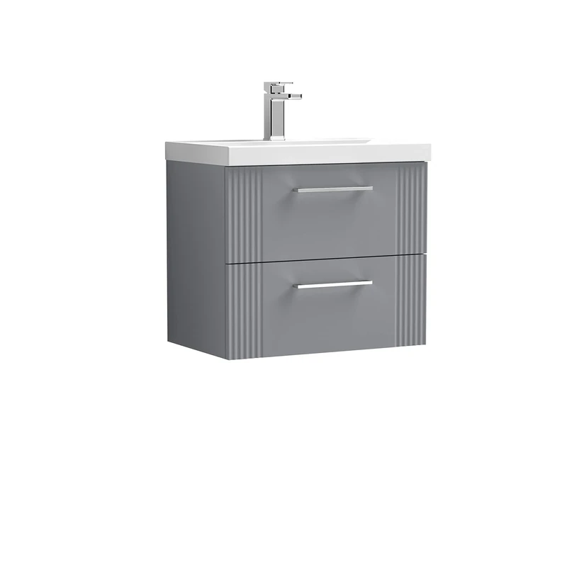 nuie DPF293D Deco Modern Bathroom Wall Hung 2 Drawer Part Fluted Vanity Unit with Thin-Edge Ceramic Basin, Satin Grey