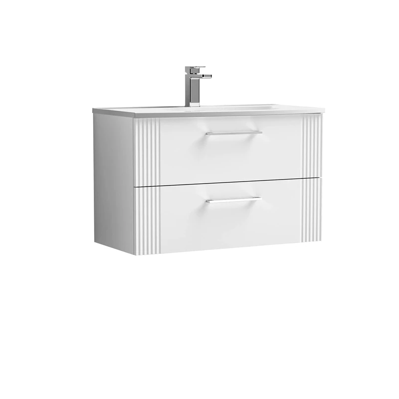 nuie DPF195G Deco Modern Bathroom Wall Hung 2 Drawer Part Fluted Vanity Unit with Curved Ceramic Basin, Satin White