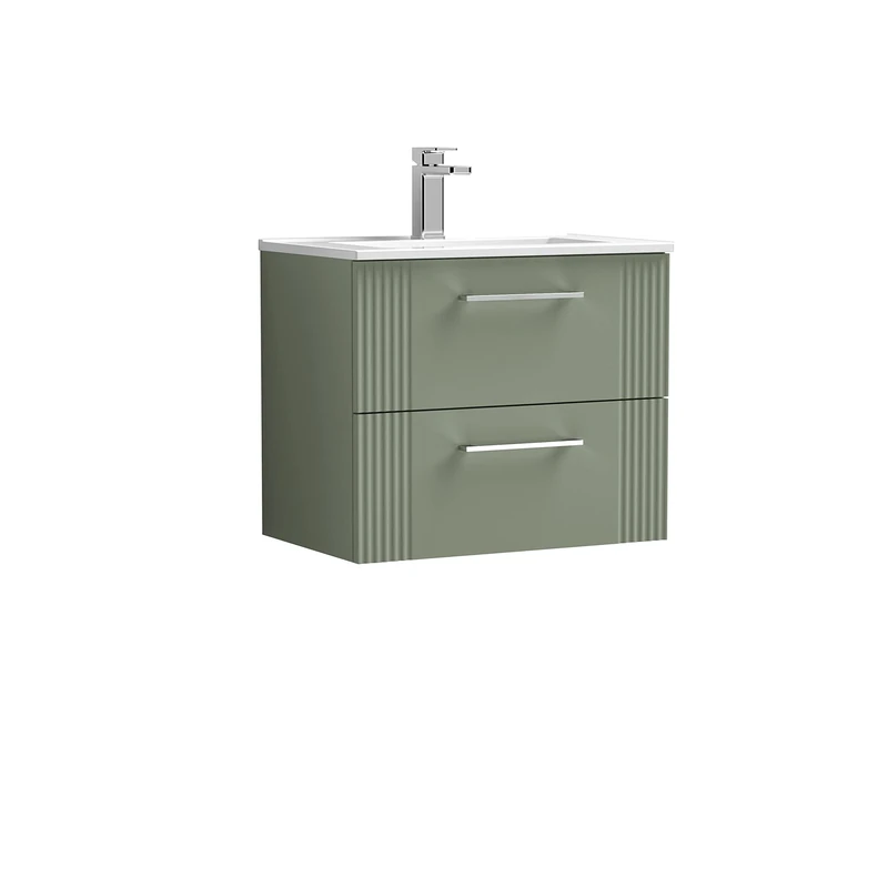 nuie DPF893B Deco Modern Bathroom Wall Hung 2 Drawer Part Fluted Vanity Unit with Minimalist Ceramic Basin, Satin Green