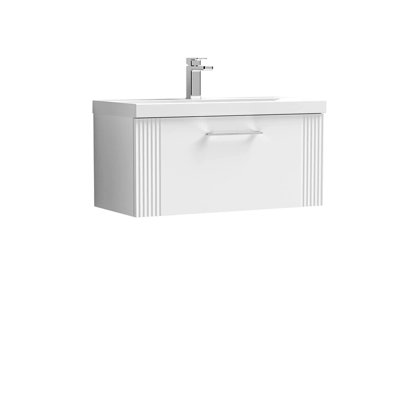 nuie DPF196A Deco Modern Bathroom Wall Hung 1 Drawer Part Fluted Vanity Unit with Mid-Edge Ceramic Basin, Satin White