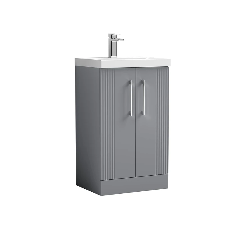 nuie DPF223A Deco Modern Bathroom Floor Standing 2 Door Part Fluted Vanity Unit with Mid-Edge Ceramic Basin, Satin Grey - Image 1