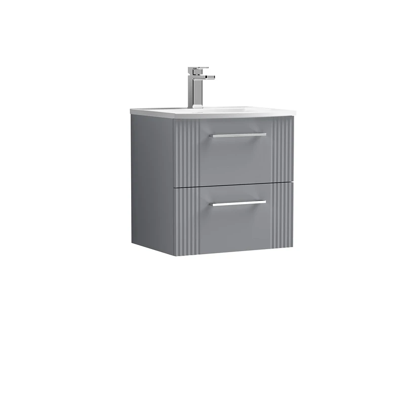 nuie Modern Bathroom Wall Hung 2 Drawer Part Fluted Vanity Unit with Curved Ceramic Basin, Satin Grey, 500MM
