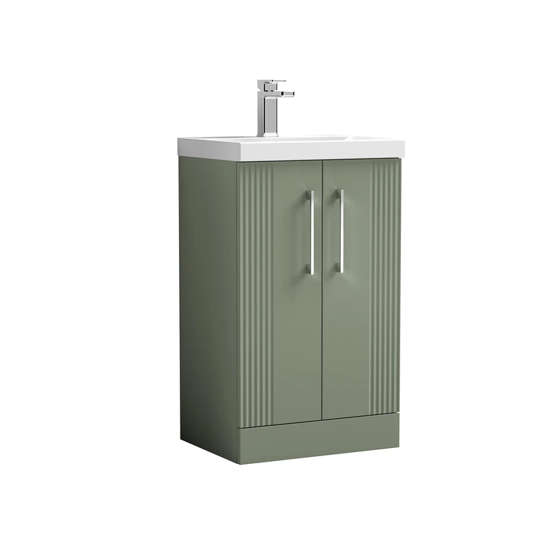 nuie DPF823A Deco Modern Bathroom Floor Standing 2 Door Part Fluted Vanity Unit with Mid-Edge Ceramic Basin, Satin Green