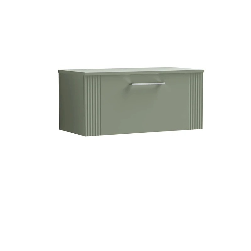 nuie DPF896W Deco Modern Bathroom Wall Hung 1 Drawer Part Fluted Vanity Basin Unit with Worktop, 800mm, Satin Green