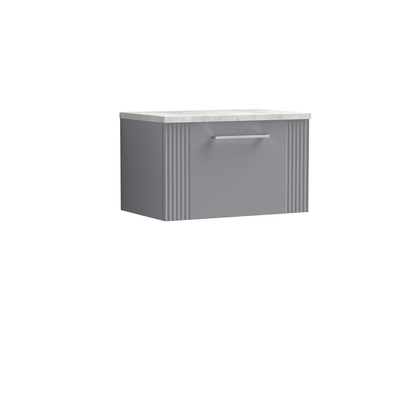 nuie DPF294LBG Deco Modern Bathroom Wall Hung 1 Drawer Part Fluted Vanity Basin Unit with Laminate Bellato Grey Worktop, 600mm, Satin Grey