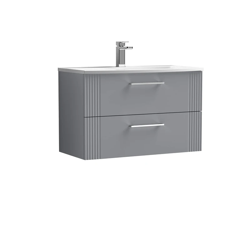 nuie DPF295G Deco Modern Bathroom Wall Hung 2 Drawer Part Fluted Vanity Basin Unit with Curved Ceramic Basin, 800mm, Satin Grey