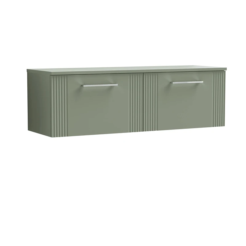 nuie DPF894W2 Deco Modern Bathroom Wall Hung 2 Drawer Part Fluted Vanity Basin Unit with Double Worktop, Satin Green