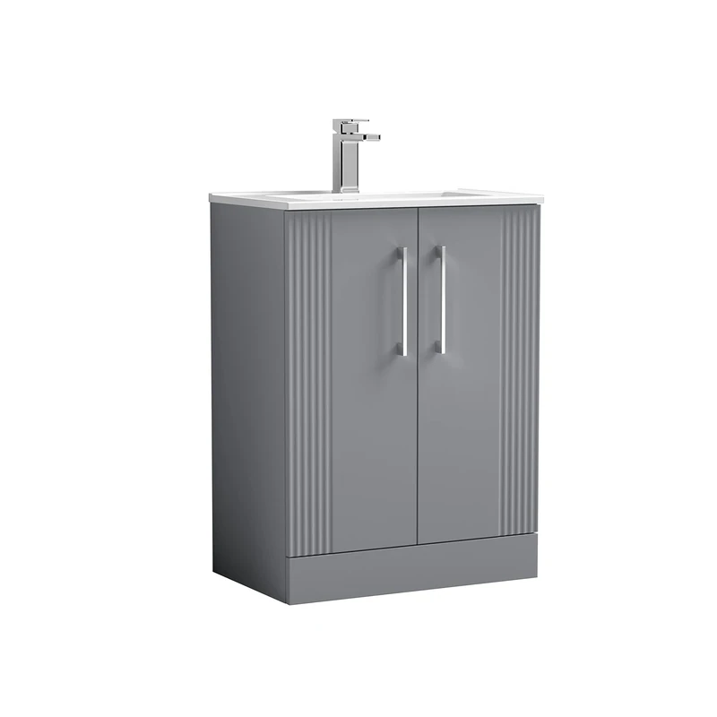 nuie DPF225B Deco Modern Bathroom Floor Standing 2 Door Part Fluted Vanity Unit with Minimalist Ceramic Basin, Satin Grey