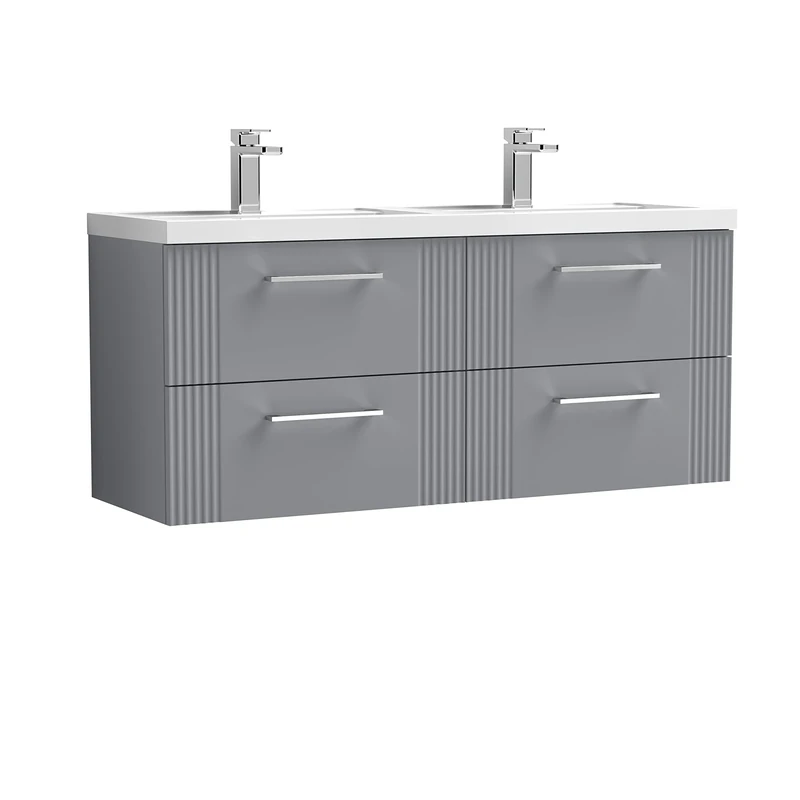 nuie DPF293C Deco Modern Bathroom Wall Hung 4 Drawer Part Fluted Vanity Basin Unit with Twin Polymarble Basin, 1200mm, Satin Grey