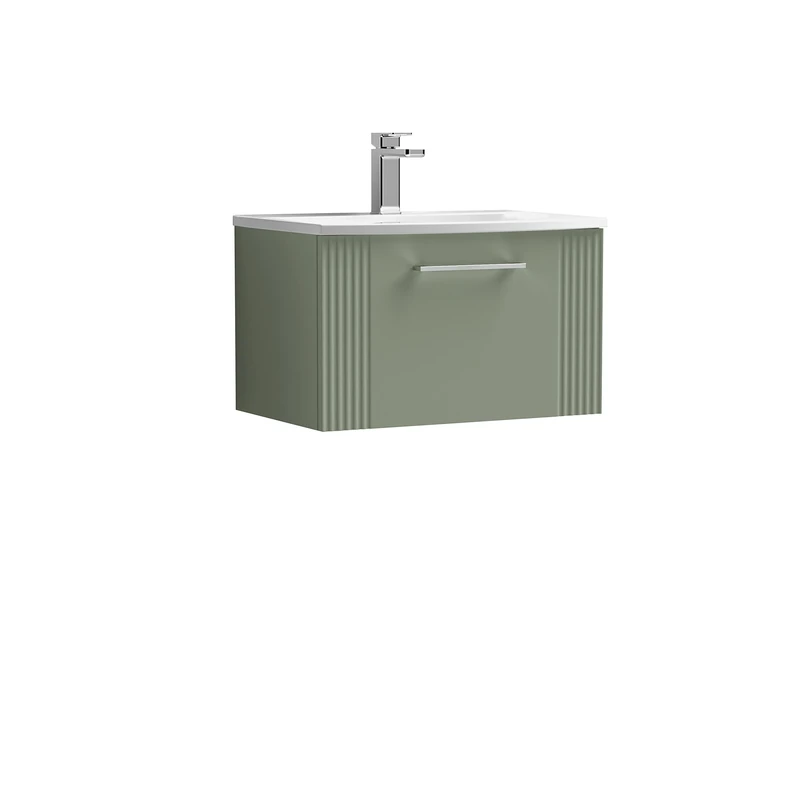 nuie DPF894G Deco Modern Bathroom Wall Hung 1 Drawer Part Fluted Vanity Unit with Curved Ceramic Basin, Satin Green