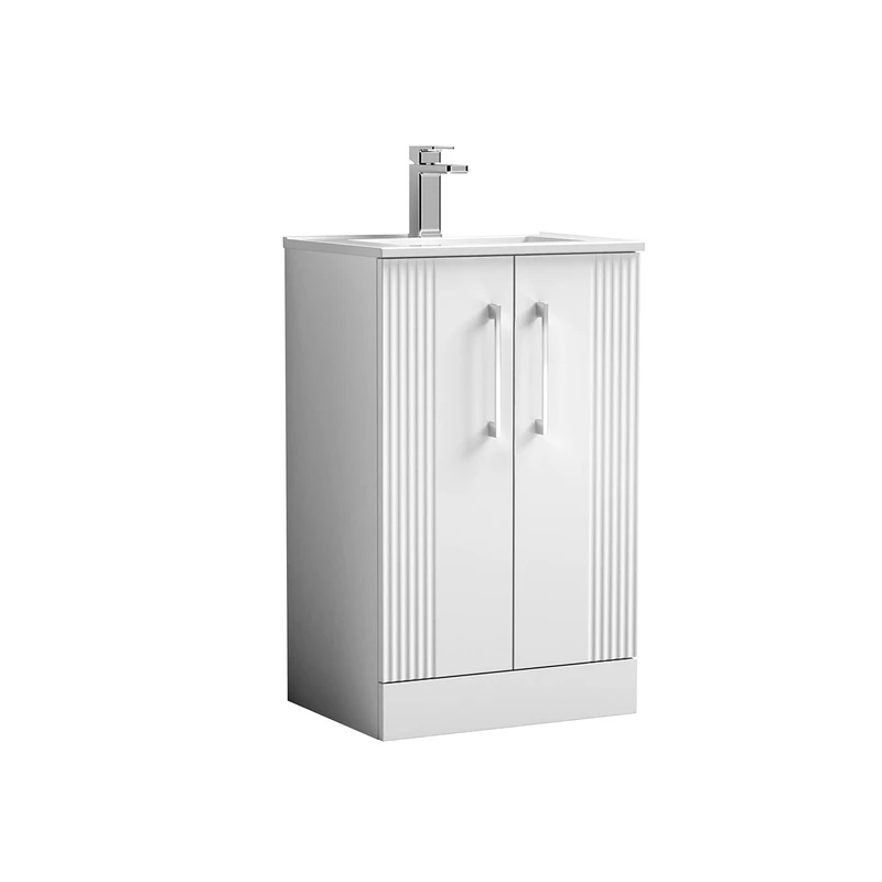 nuie DPF123B Deco Modern Bathroom Floor Standing 2 Door Part Fluted Vanity Basin Unit with Minimalist Ceramic Basin, 500mm, Satin White