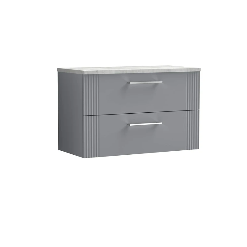 nuie DPF295LBG Deco Modern Bathroom Wall Hung 2 Drawer Part Fluted Vanity Basin Unit with Laminate Bellato Grey Worktop, 800mm, Satin Grey