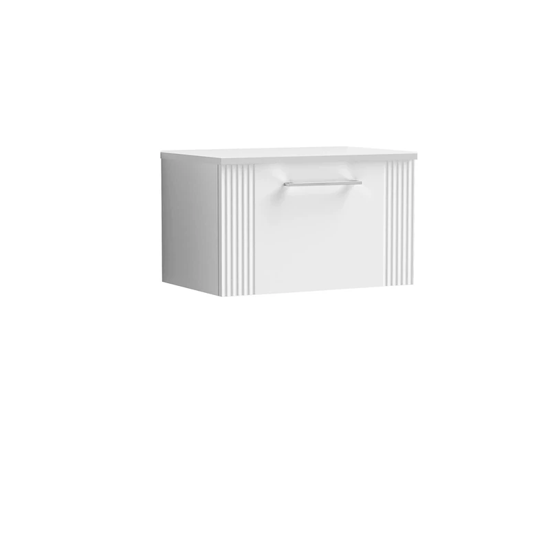 nuie DPF194W Deco Modern Bathroom Wall Hung 1 Drawer Part Fluted Vanity Basin Unit with Worktop, 600mm, Satin White