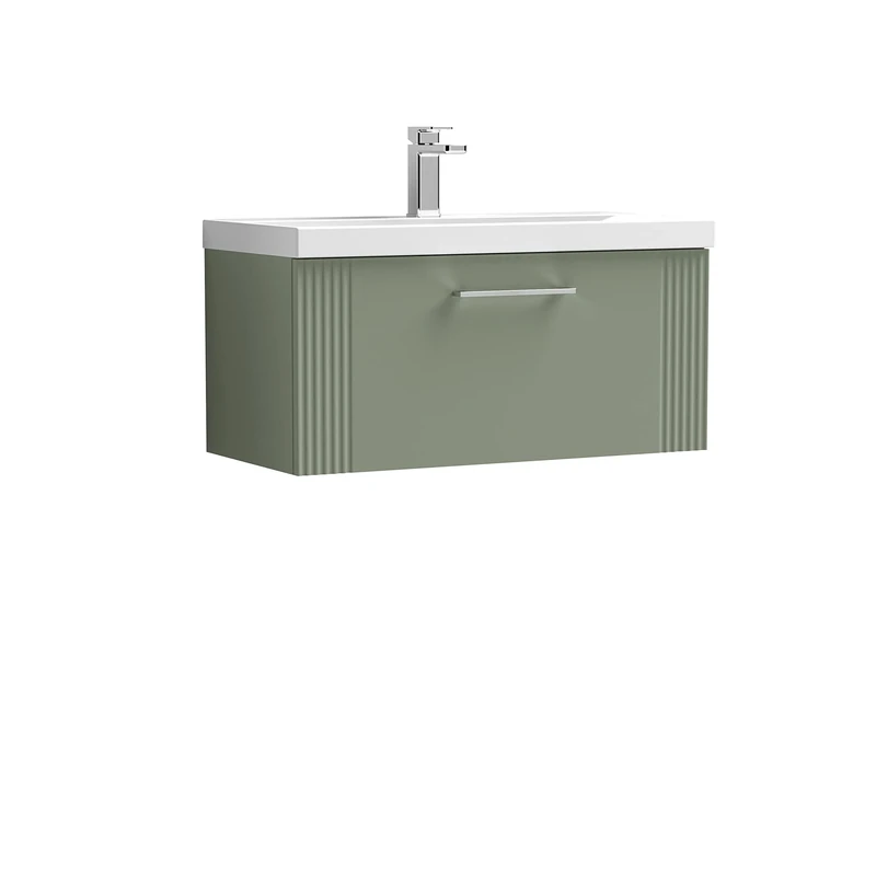nuie DPF896A Deco Modern Bathroom Wall Hung 1 Drawer Part Fluted Vanity Unit with Mid-Edge Ceramic Basin, Satin Green