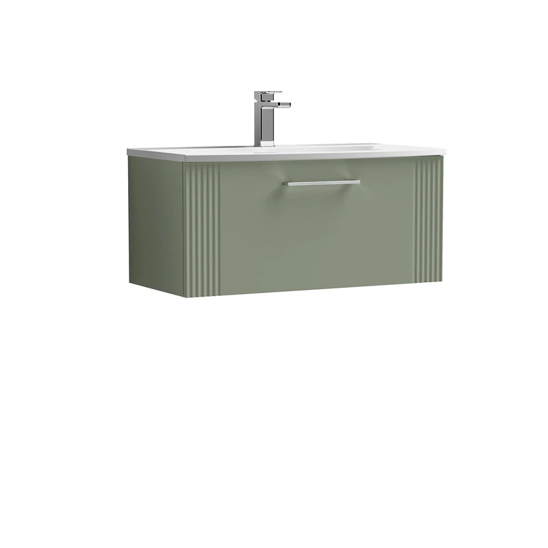 nuie DPF896G Deco Modern Bathroom Wall Hung 1 Drawer Part Fluted Vanity Unit with Curved Ceramic Basin, Satin Green