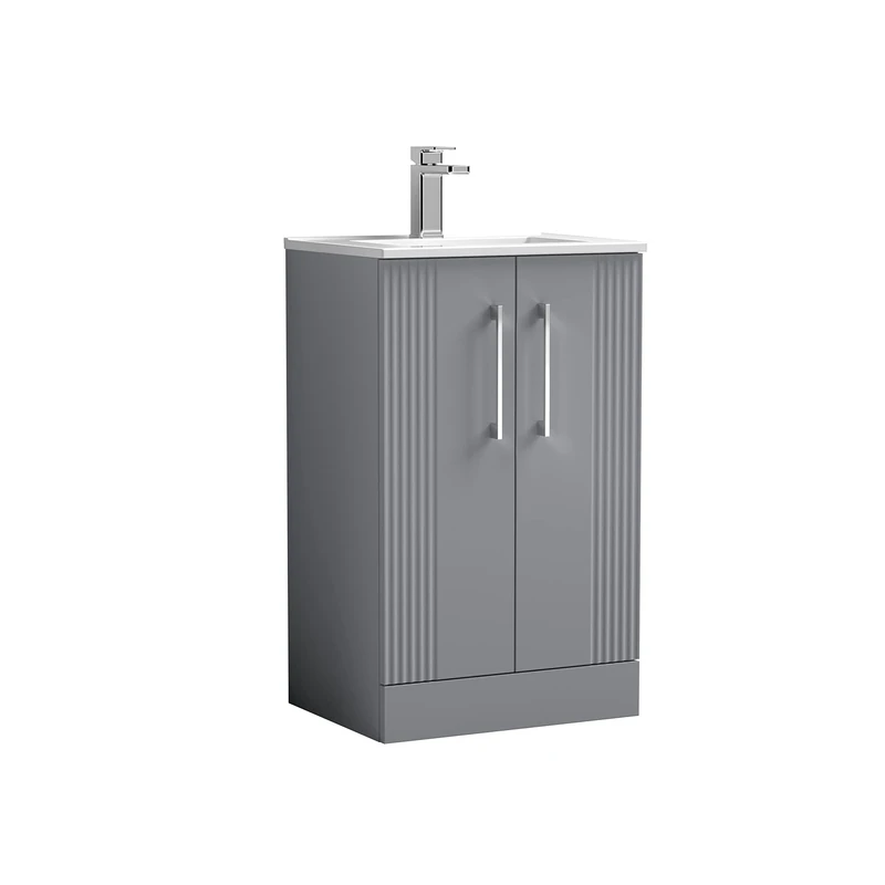 nuie DPF223B Deco Modern Bathroom Floor Standing 2 Door Part Fluted Vanity Unit with Minimalist Ceramic Basin, Satin Grey