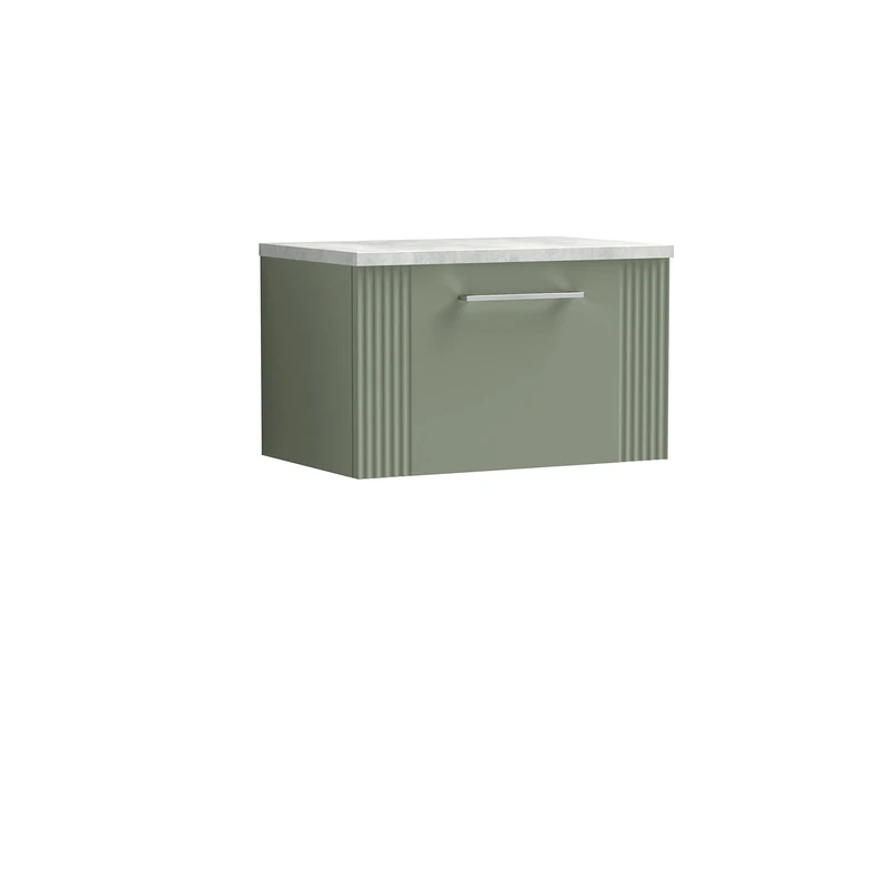 nuie DPF894LBG Deco Modern Bathroom Wall Hung 1 Drawer Part Fluted Vanity Basin Unit with Laminate Bellato Grey Worktop, Satin Green