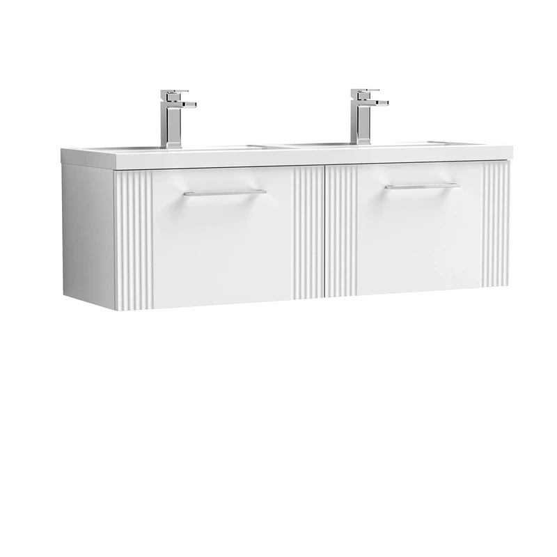 nuie DPF194C Deco Modern Bathroom Wall Hung 2 Drawer Part Fluted Vanity Basin Unit with Twin Polymarble Basin, 1200mm, Satin White