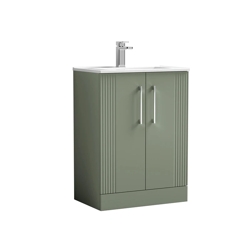 nuie DPF825B Deco Modern Bathroom Floor Standing 2 Door Part Fluted Vanity Basin Unit with Minimalist Ceramic Basin, 600mm, Satin Green