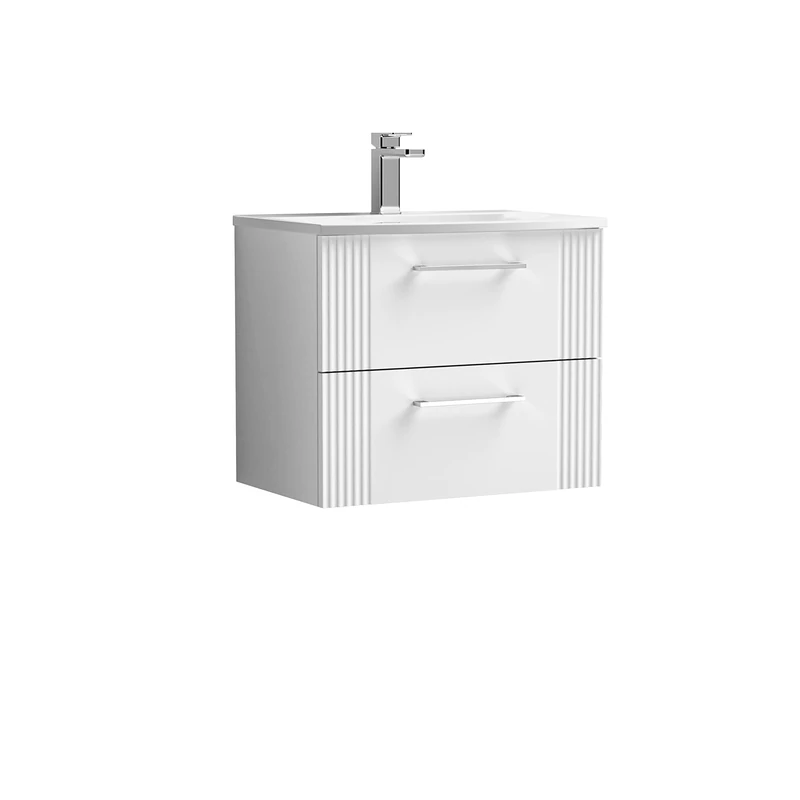 nuie DPF193G Deco Modern Bathroom Wall Hung 2 Drawer Part Fluted Vanity Unit with Curved Ceramic Basin, Satin White