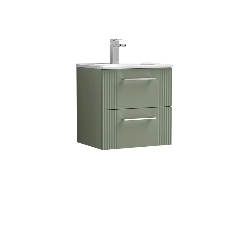 nuie DPF892B Deco Modern Bathroom Wall Hung 2 Drawer Part Fluted Vanity Unit with Minimalist Ceramic Basin, Satin Green