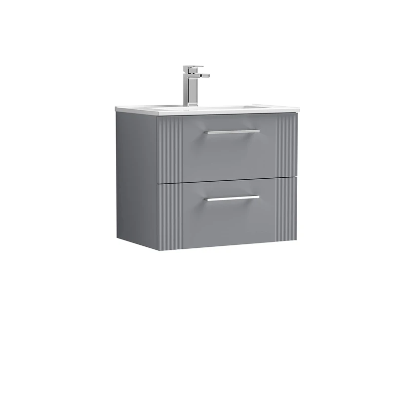 nuie DPF293B Deco Modern Bathroom Wall Hung 2 Drawer Part Fluted Vanity Basin Unit with Minimalist Ceramic Basin, 600mm, Satin Grey