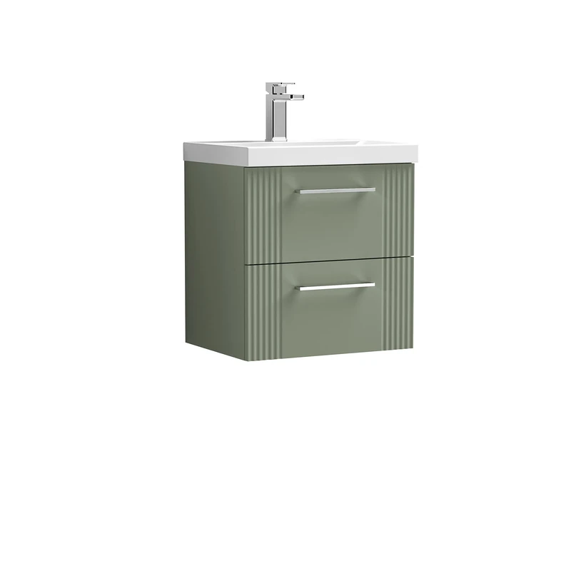nuie DPF892A Deco Modern Bathroom Wall Hung 2 Drawer Part Fluted Vanity Unit with Mid-Edge Ceramic Basin, Satin Green