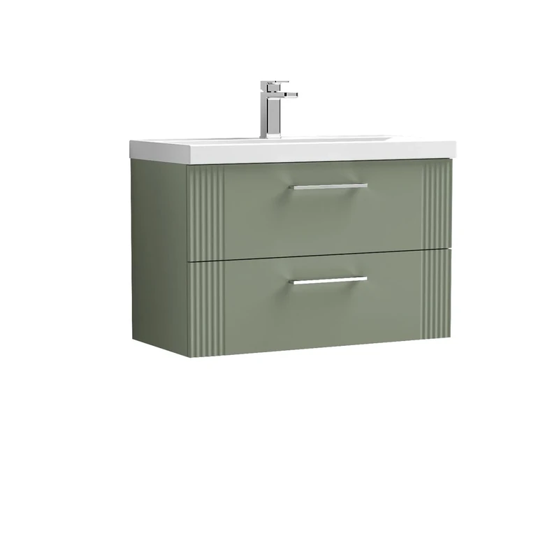 nuie DPF895D Deco Modern Bathroom Wall Hung 2 Drawer Part Fluted Vanity Basin Unit with Thin-Edge Ceramic Basin, 800mm, Satin Green