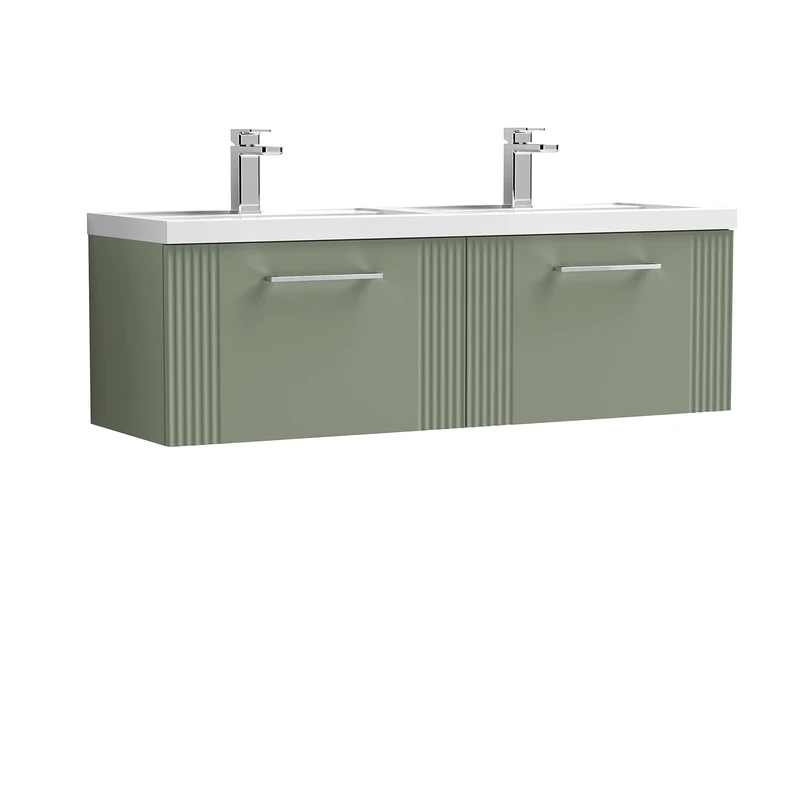 nuie DPF894C Deco Modern Bathroom Wall Hung 2 Drawer Part Fluted Vanity Unit with Twin Polymarble Basin, Satin Green