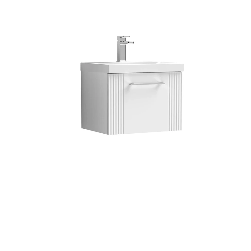 nuie DPF191A Deco Modern Bathroom Wall Hung 1 Drawer Part Fluted Vanity Basin Unit with Mid-Edge Ceramic Basin, 500mm, Satin White
