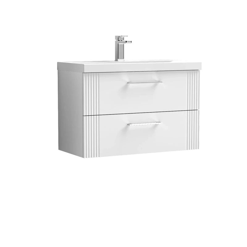nuie DPF195D Deco Modern Bathroom Wall Hung 2 Drawer Part Fluted Vanity Unit with Thin-Edge Ceramic Basin, Satin White