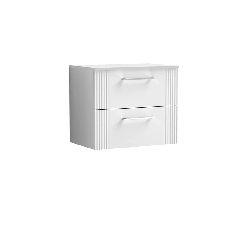 nuie DPF193W Deco Modern Bathroom Wall Hung 2 Drawer Part Fluted Vanity Basin Unit with Worktop, Satin White