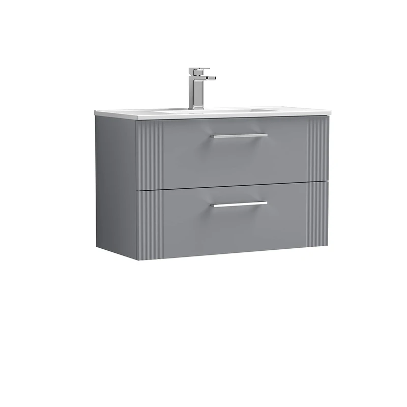 nuie DPF295B Deco Modern Bathroom Wall Hung 2 Drawer Part Fluted Vanity Unit with Minimalist Ceramic Basin, Satin Grey