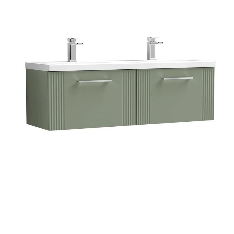 nuie DPF894F Deco Modern Bathroom Wall Hung 2 Drawer Part Fluted Vanity Basin Unit with Twin Ceramic Basin, 1200mm, Satin Green